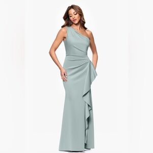 "Flo" Long Techno Scuba One Shoulder Ruffle Dress Elegant Light Blue XSCAPE